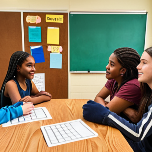 Home 4 **
A diverse group of students participating in a school support group led by a caring social worker. The scene emphasizes empathy, inclusion, and open communication, reflecting a safe and supportive environment. The background includes elements representing mental health resources, academic success, and positive peer interactions.
**