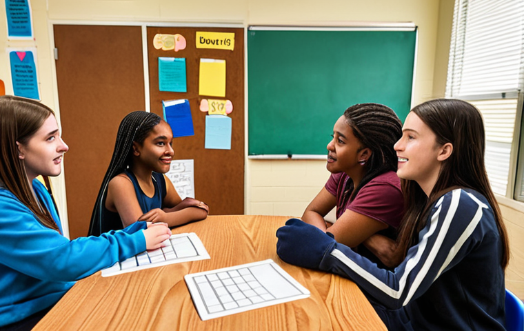 **
A diverse group of students participating in a school support group led by a caring social worker. The scene emphasizes empathy, inclusion, and open communication, reflecting a safe and supportive environment. The background includes elements representing mental health resources, academic success, and positive peer interactions.
**