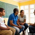 학교사회복지사와 학부모 상담 사례 - A warm and inviting school meeting scene in a Brazilian community center, showing a diverse group of...
