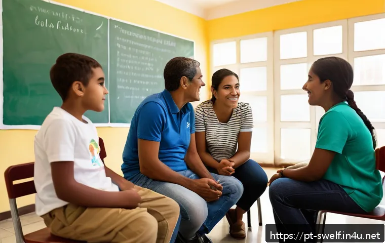 학교사회복지사와 학부모 상담 사례 - A warm and inviting school meeting scene in a Brazilian community center, showing a diverse group of...